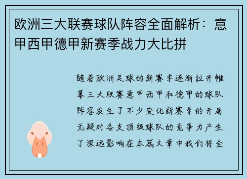 欧洲三大联赛球队阵容全面解析：意甲西甲德甲新赛季战力大比拼