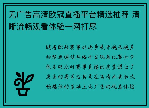 无广告高清欧冠直播平台精选推荐 清晰流畅观看体验一网打尽