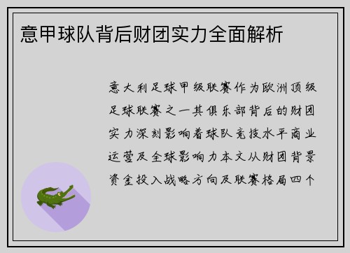意甲球队背后财团实力全面解析